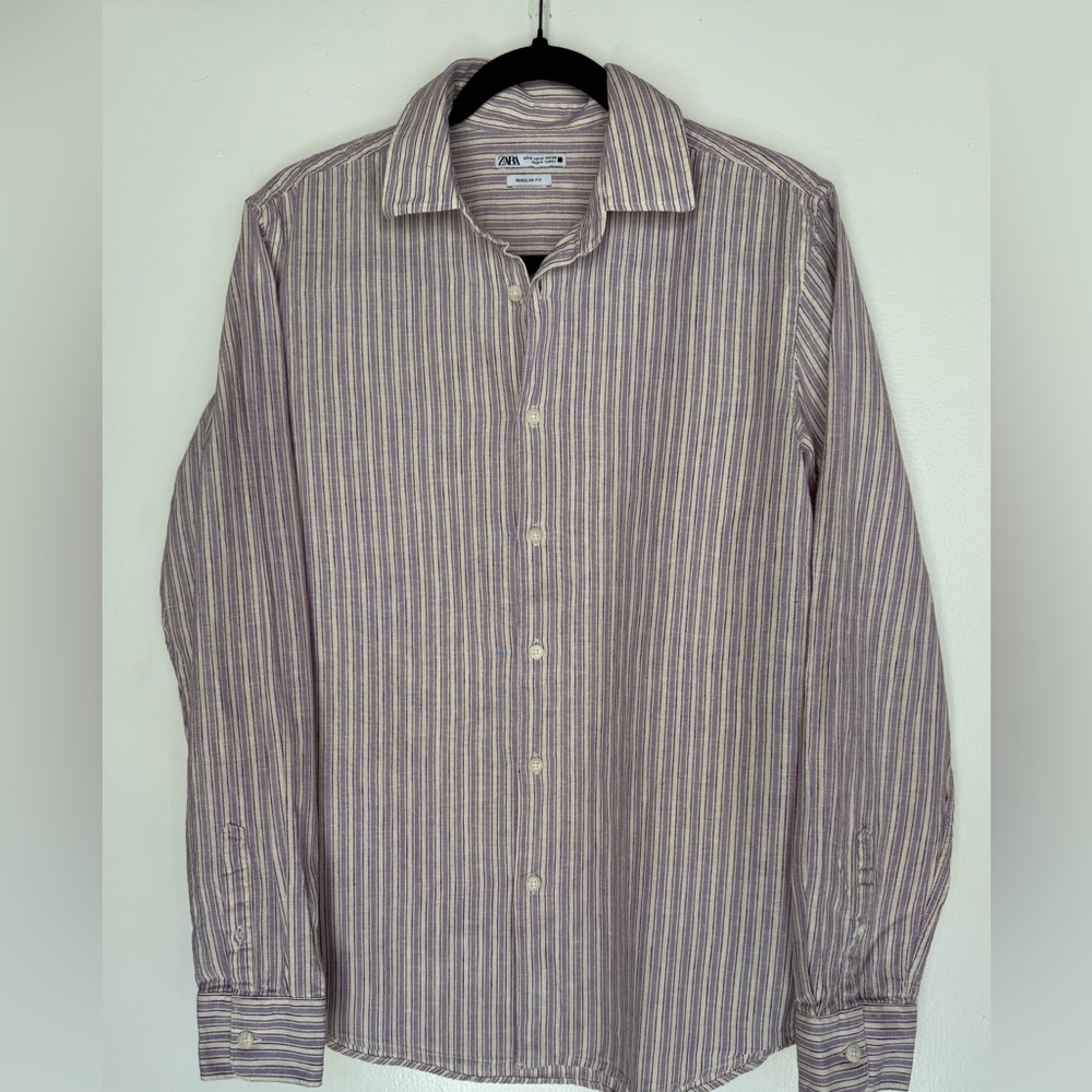 Zara Women's Casual Striped Linen Shirt - Lavender